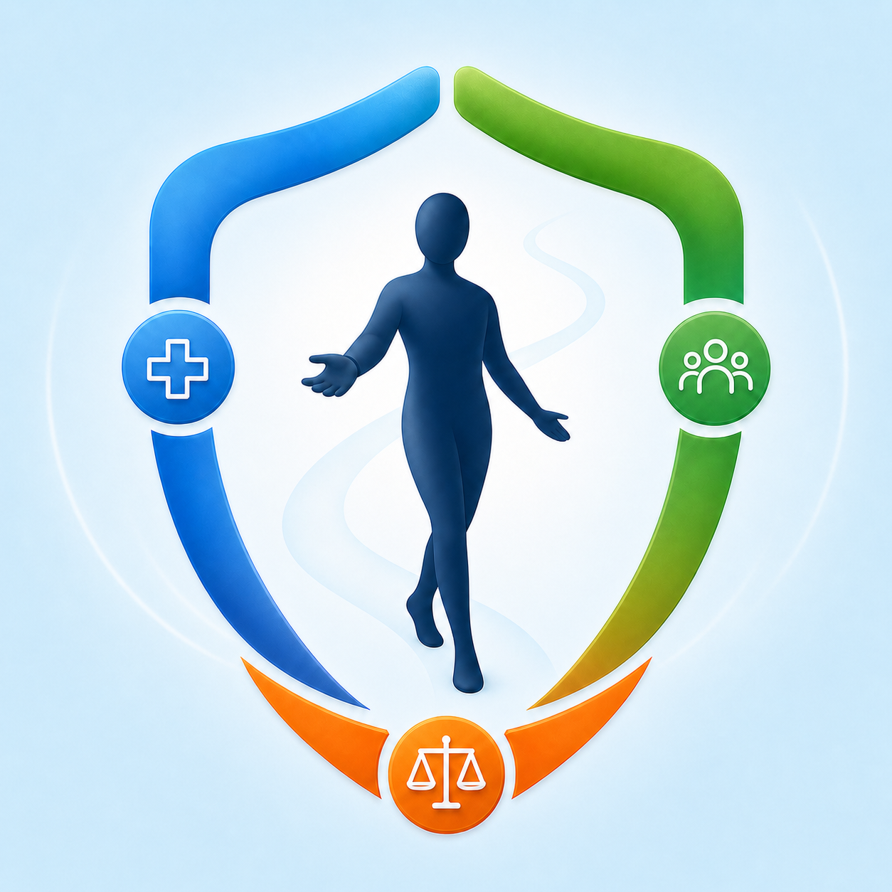 Logo 3D officiel ClariDroits : une personne accompagnée au centre des trois piliers santé, social et droits.