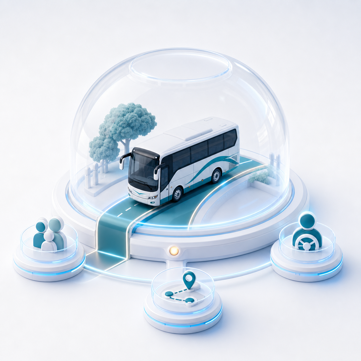 Autocar scolaire protégé sous une cloche transparente, relié aux familles, au conducteur et au suivi du trajet.