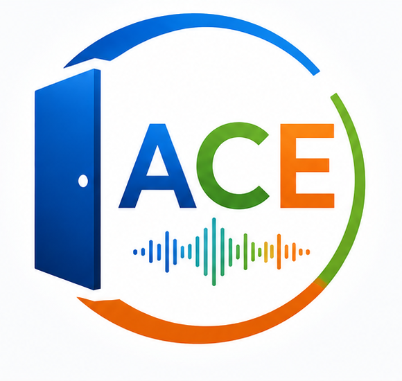 ACE, Accessibilité Cognitive Évolutive, moteur de ClariDroits ACCESS : une porte bleue entrouverte, les lettres ACE en bleu, vert et orange, entourées de trois arcs ouverts assortis et d’une onde multicolore.